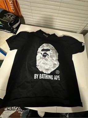Bape Black T-Shirt with Silver Camouflage Ape Logo